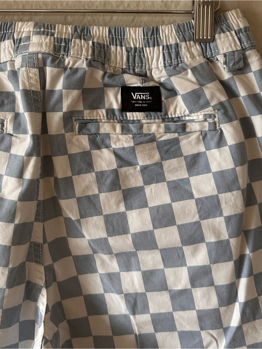 Vans Women’s Pull-on Tie Waist Checkerboard Pant Light Blue and White
